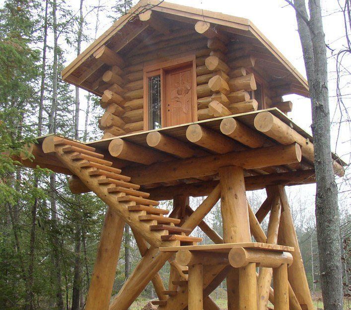 a tree house built in the woods