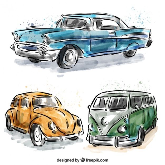 three different colored cars are shown side by side in watercolor and ink on paper