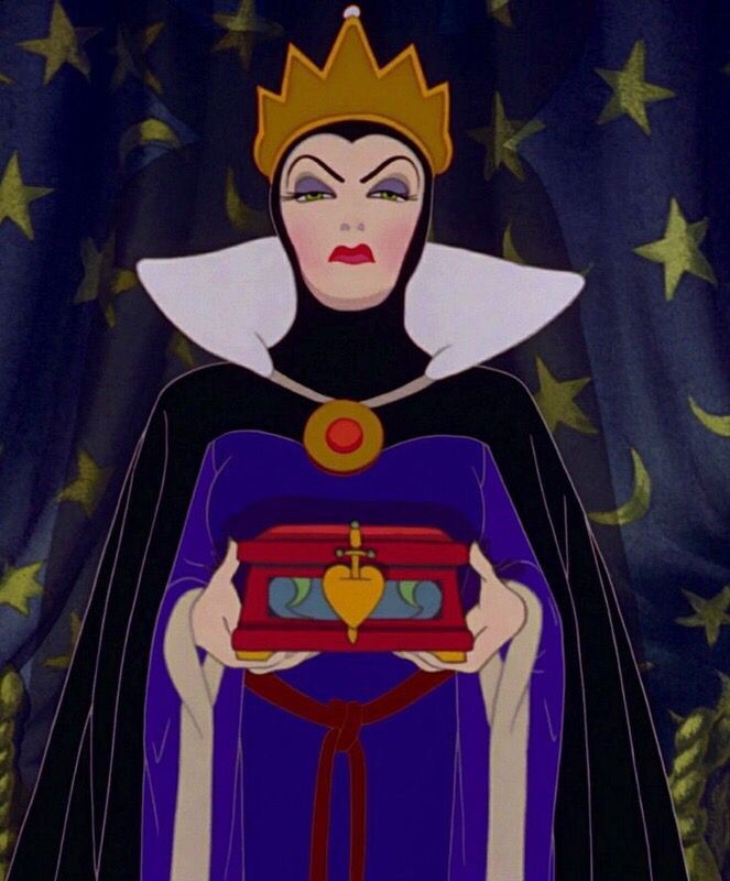 an evil queen holding a box in her hands