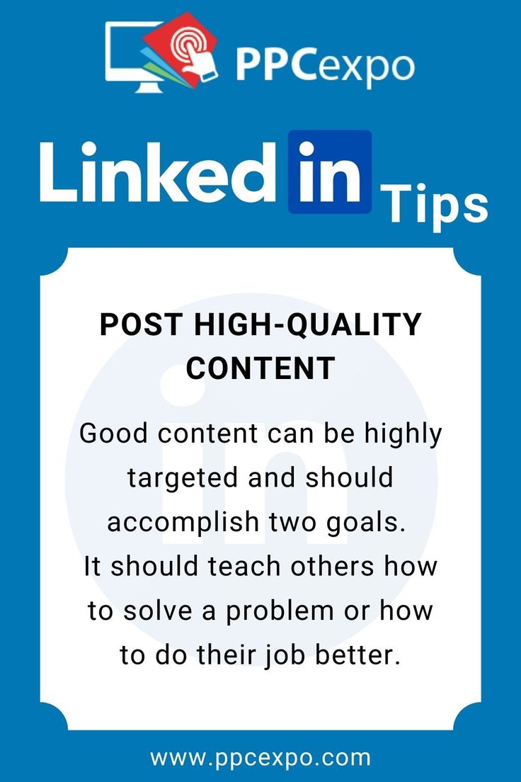 a blue and white sign that says linked in tips post high - quality content good content can be highly accomplished