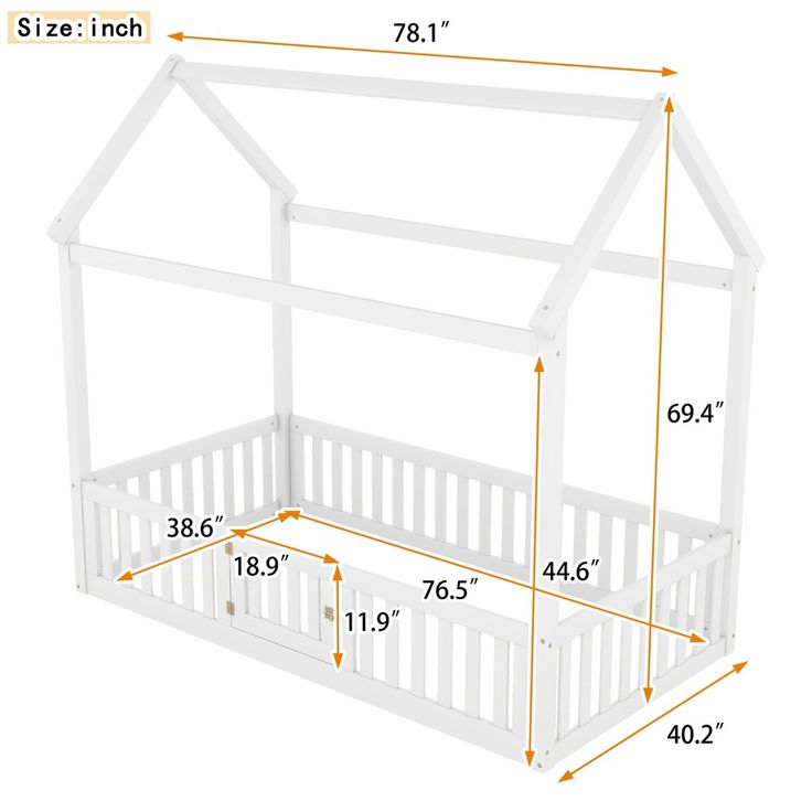 a white wooden bed frame with measurements for the top and bottom part of it,