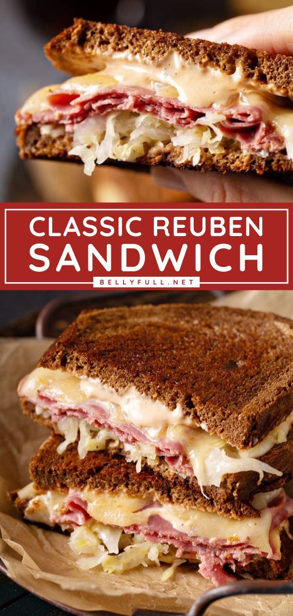 a close up of a sandwich with meat and cheese on it in front of the words classic reuben underneath