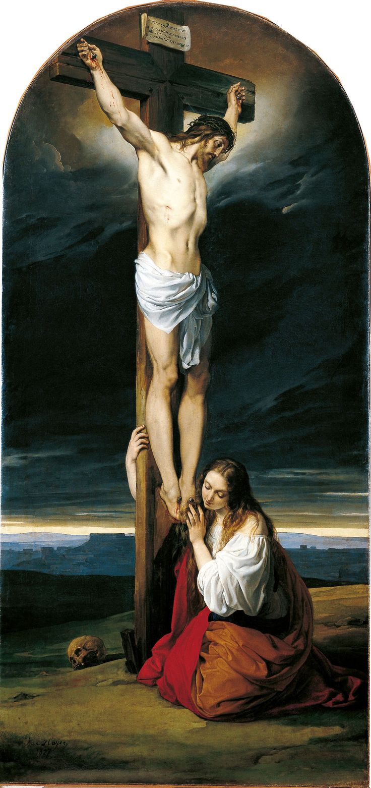 the crucifixion with jesus on the cross is shown in this painting