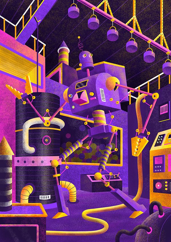 an illustration of a purple room with pipes and lights