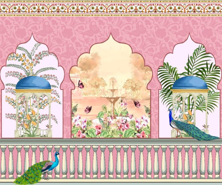 two peacocks are standing in front of a balcony with pink walls and white pillars