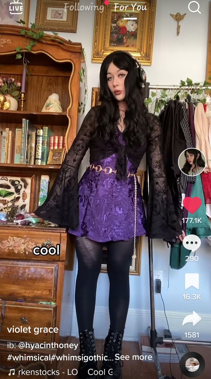 Sheer Lace Maxi Skirt Outfit, Gothic Whimsical Outfit, Witchy Outfit Inspiration, Whimsigoth Witch Costume, Whimsical Witchy Outfits, Edgy Whimsical Style, Grunge Dinner Outfits, Gothic Purple Outfit, Whimsi Goth Outfit