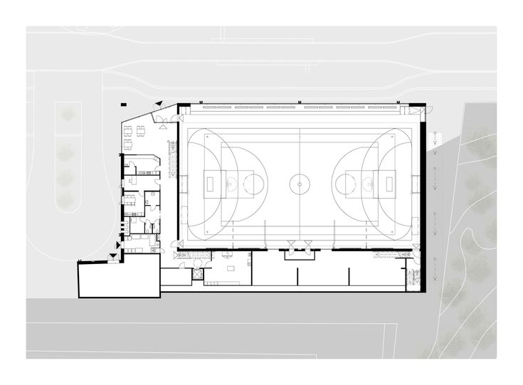 the floor plan for an indoor basketball court, with two courts and three benches on each side