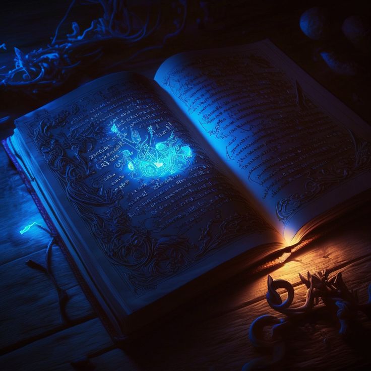 an open book sitting on top of a wooden table next to some beads and lights