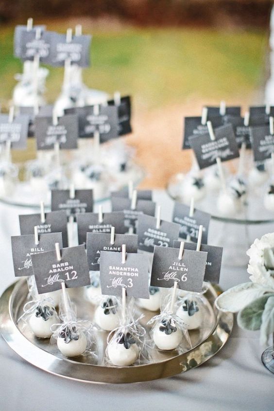 the table is set up with desserts and place cards for guests to write on them