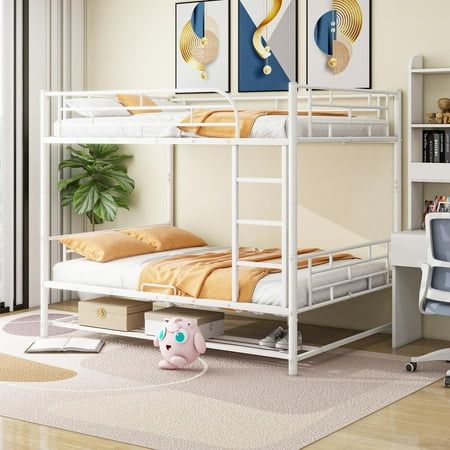 a white bunk bed sitting in a bedroom next to a desk and bookcases