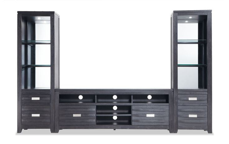 an entertainment center with glass doors and drawers on the bottom shelf, in dark wood