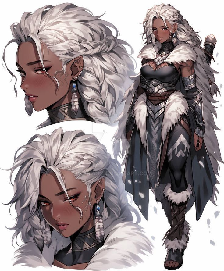 an image of a woman with white hair and fur on her head, in different poses