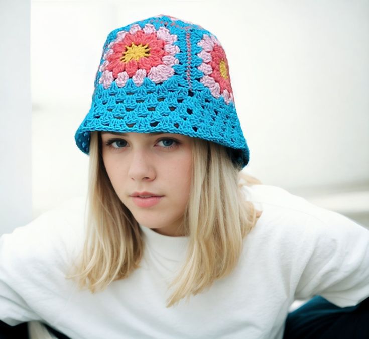 Turquoise Granny Square Hat Granny Square Hat, Colorful Hat, Hat Beret, Your Crochet, Berets, Crochet Shawl, Soft Yarn, Yarn Colors, Hand Crochet