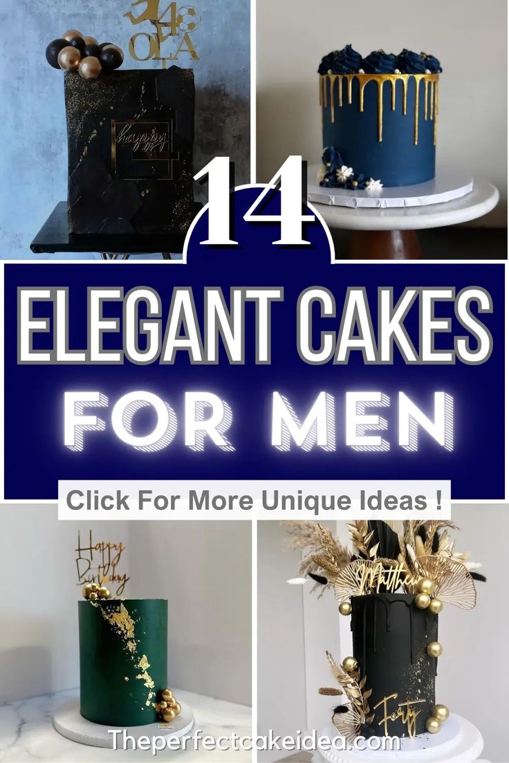 four different cakes with gold and blue icing on them, including one for men