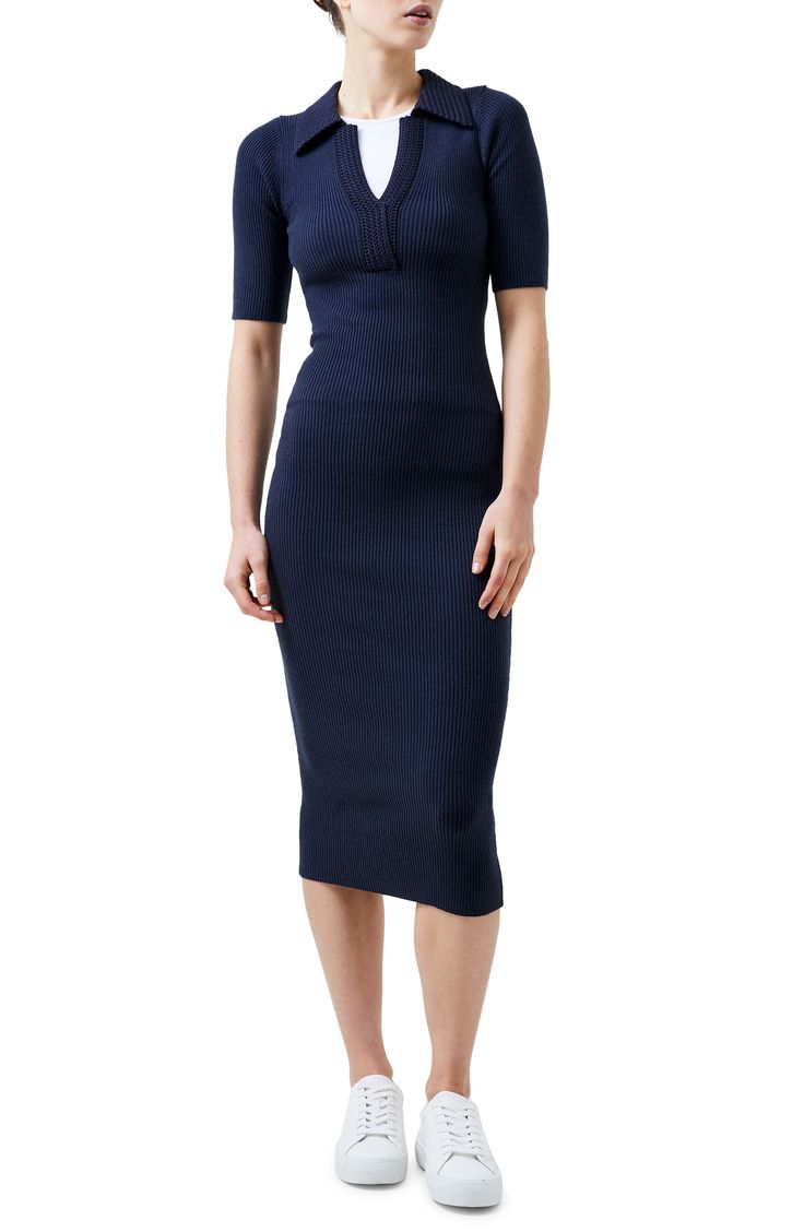 A ribbed knit adds texture to this slim-fitting sweater-dress designed with a jaunty collar and a midi length. 47 1/2" length (size Medium) Slips on over head Johnny collar Elbow-length sleeves 50% viscose, 34% polyester, 16% nylon Unlined Dry clean or hand wash, dry flat Imported Navy Knit Dress, Midi Sweater Dress, Johnny Collar, Summer Wardrobe Essentials, Spring Capsule, Spring Capsule Wardrobe, V Neck Midi Dress, Sweater Dress Midi, Made Clothing