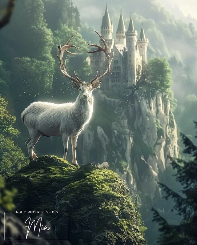 a white deer standing on top of a lush green forest next to a tall castle