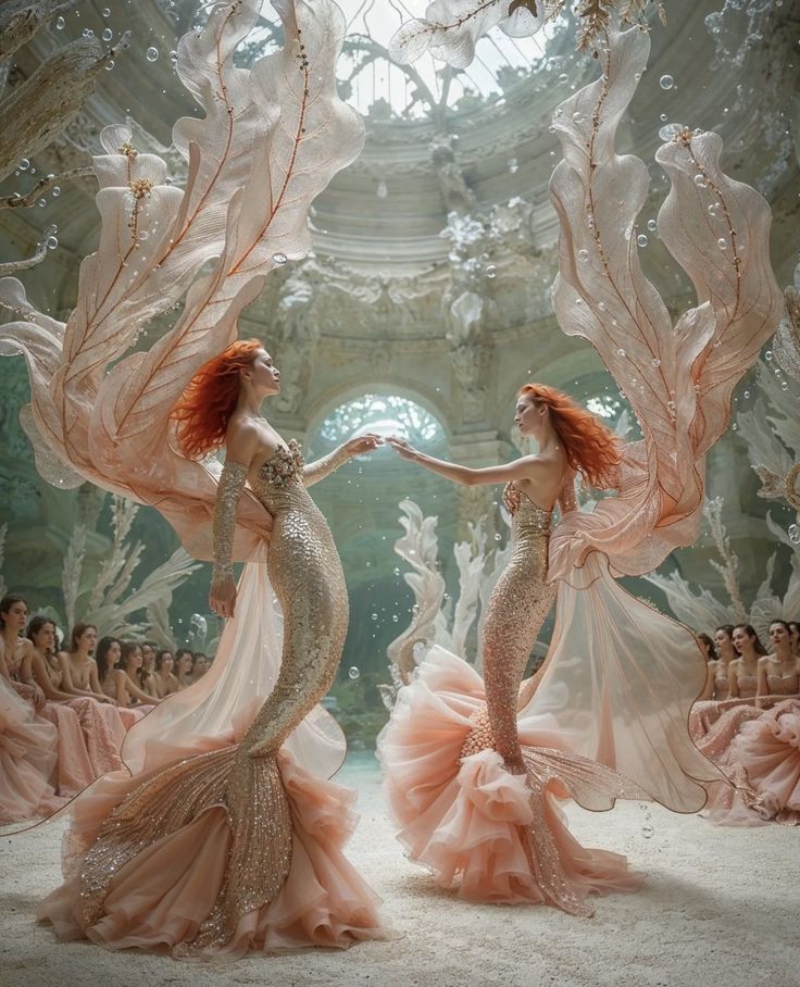 two women dressed in pink dresses are dancing