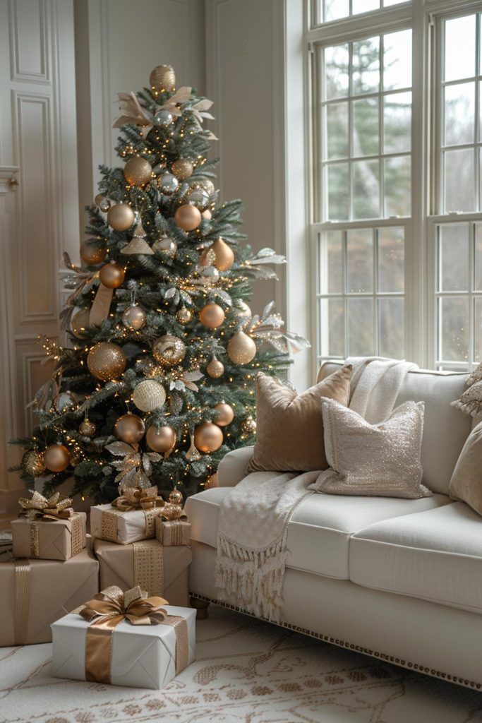 a living room with a christmas tree and presents