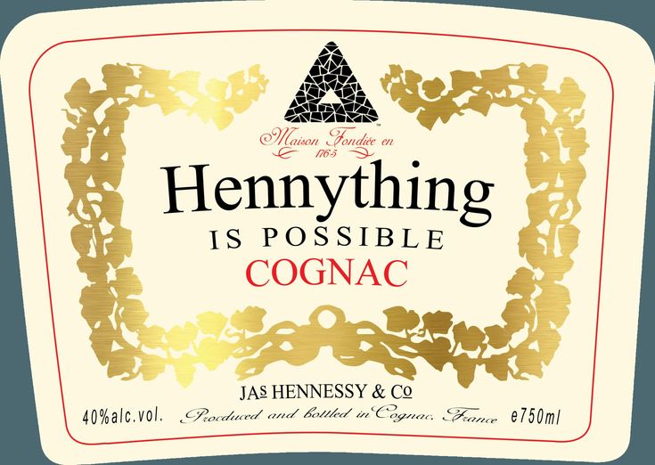 a bottle of hennything is possible cognac with an ornate frame around it