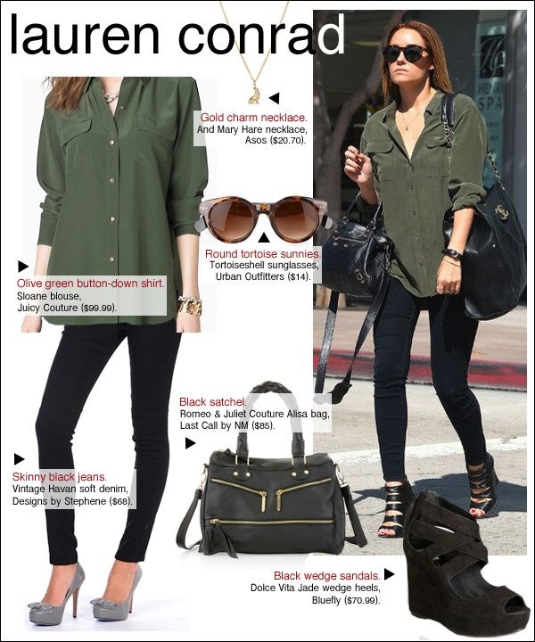 Silk blouse over black skinnies Olive Green Shirt Outfit, Green Blouse Outfit, Army Green Outfit, Green Shirt Outfits, Trip Clothes, Casual Summer Outfits For Teens, Western Office, Lauren Conrad Style, Olive Green Shirt