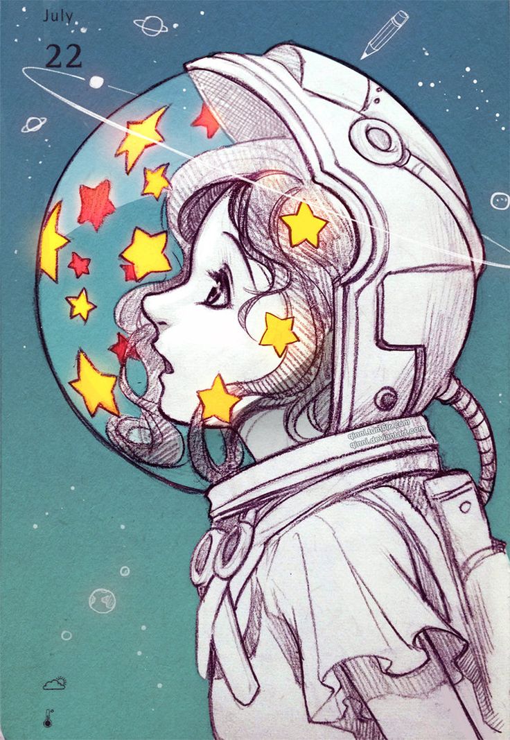 a drawing of a woman in an astronaut's helmet with stars on her face