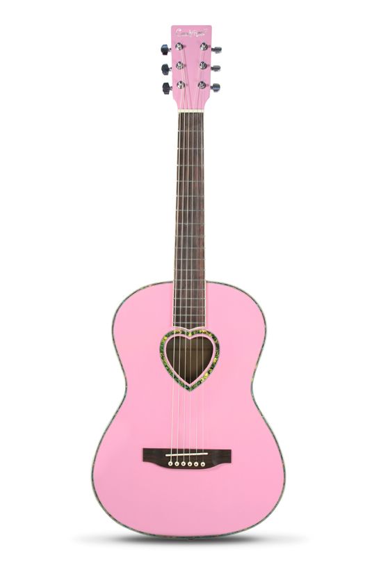 a pink acoustic guitar with a heart on the top and bottom, against a white background