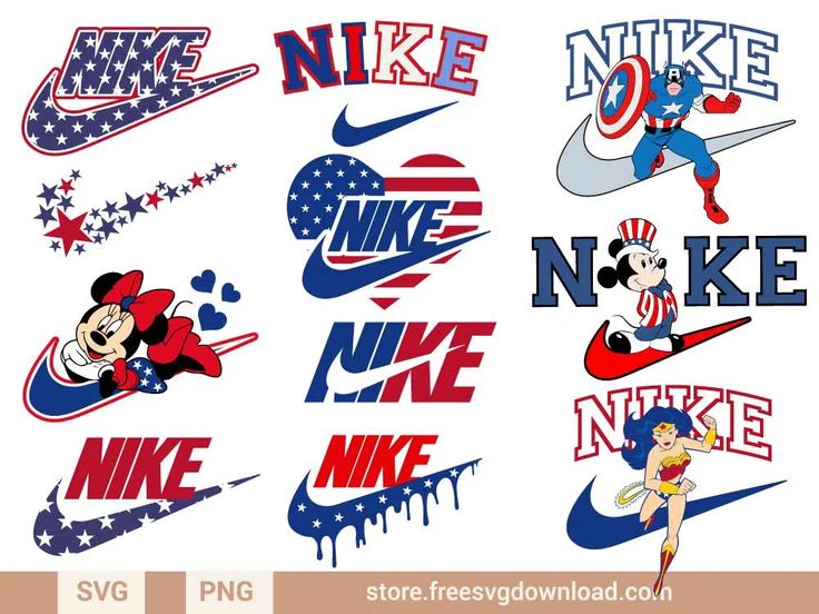 various sports logos and designs on a white background with the word nike in red, white, and blue