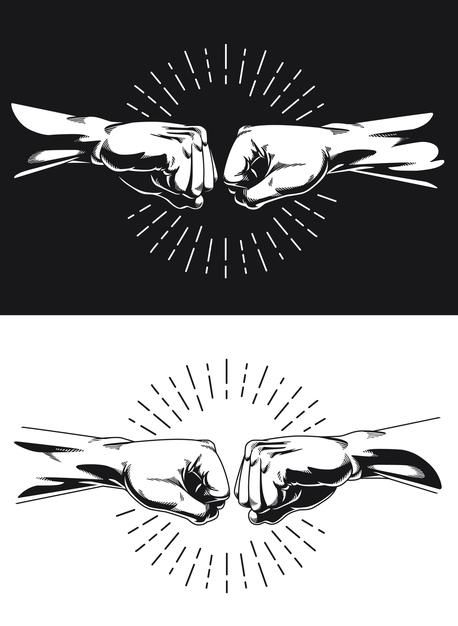 two hands holding each other in the air with sunbursts above them and below