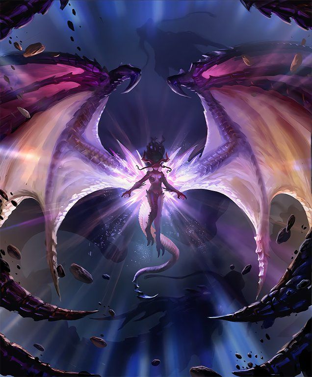 a woman standing in front of a giant purple dragon with wings flying over her head