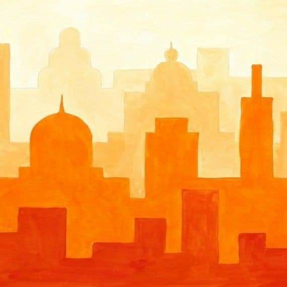 an orange cityscape with tall buildings in the background