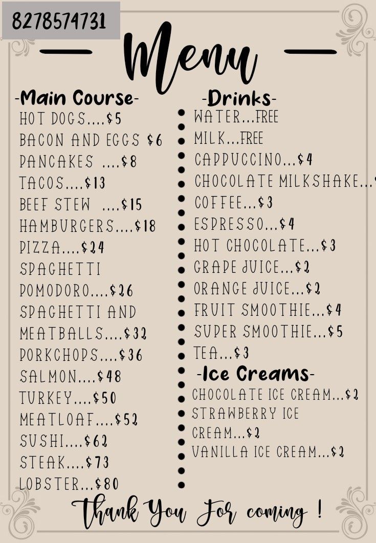 a menu for a restaurant with the names and price list on it, including an ice cream