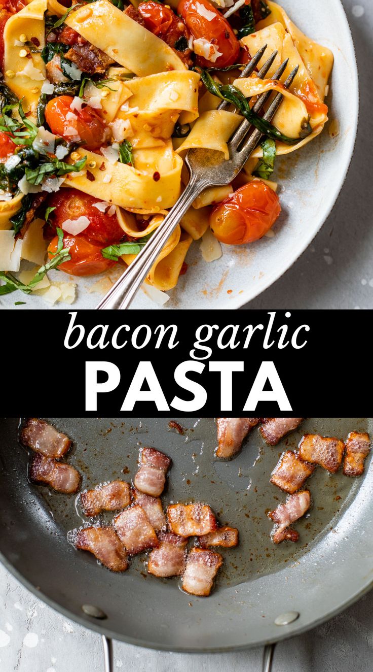 bacon garlic pasta with tomatoes and spinach in a skillet