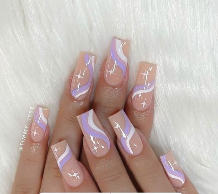 Purple and white swirls acrylics! Use this for inspo! August Nail Inspo 2023, Almond Nail Pink, Super Cute Acrylic Nails, Nail Ideas August, March Nails Spring, Ballerina Nails Designs, March Nails, August Nails, Nail Acrylic