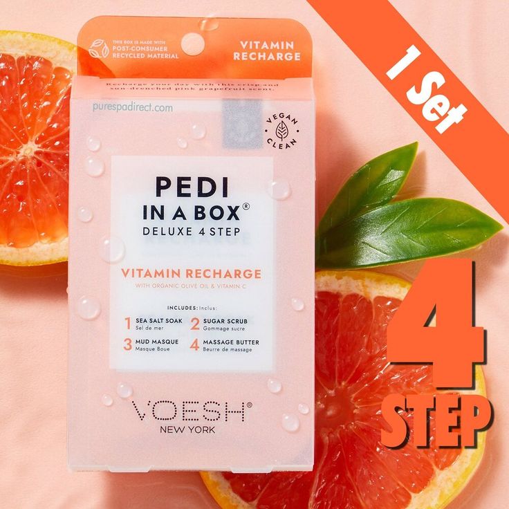 Voesh Deluxe Pedicure in a Box - 4-Step Hygienic Spa Pedicure Kit - Vitamin Recharge / 1 Treatment Set by Voesh of New York Deluxe Pedicure, Spa Prices, Spa Pedicure, Massage Lotion, Mineral Salt, Foot Scrub, Pedicure Kit, Spa Experience, Pink Grapefruit