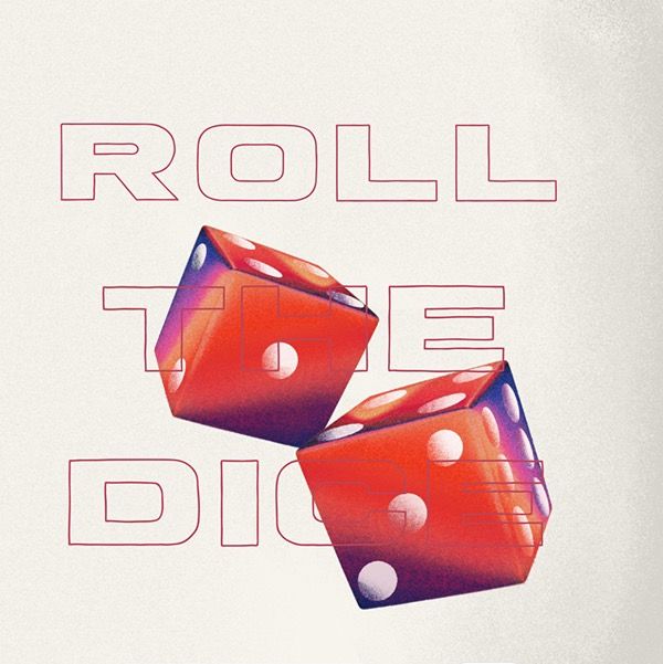 two red dices with the words roll the dice on them in front of a white background