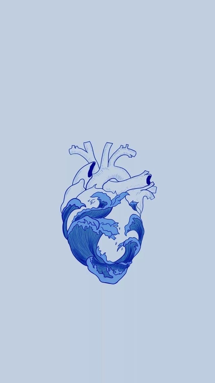 a drawing of a human heart in blue and white ink on a light blue background