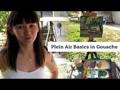 a woman standing in front of an easel with paint on it and the words plein air basics in gouache