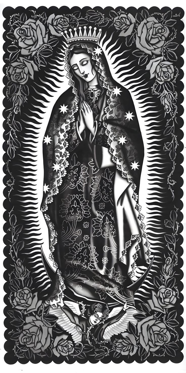 an image of the virgin mary in black and white with roses around her neck, on a