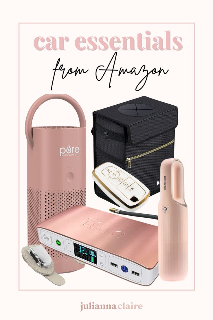 an advertisement for the car essentials from amazon with pink items and accessories on it