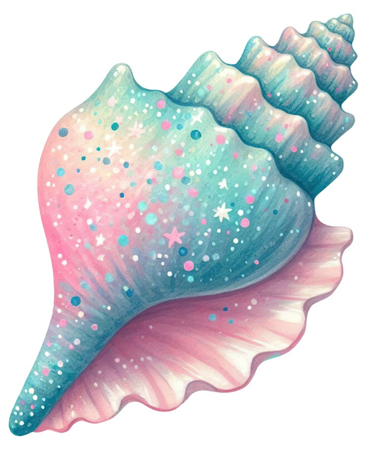 a pink and blue sea shell with white stars on it's side, painted in pastel colors