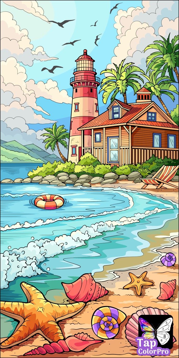 an image of a beach scene with a lighthouse and starfish