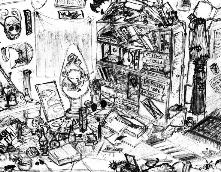 a black and white drawing of a messy room with books, papers, and other items