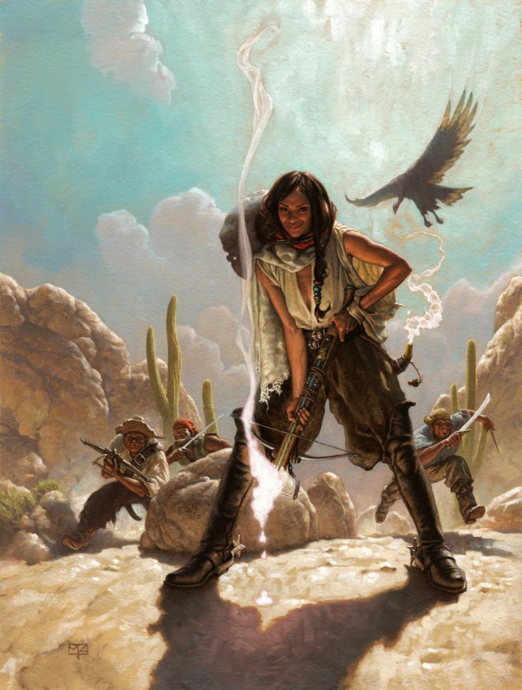 a painting of a native american woman with two birds flying over her and other people in the background