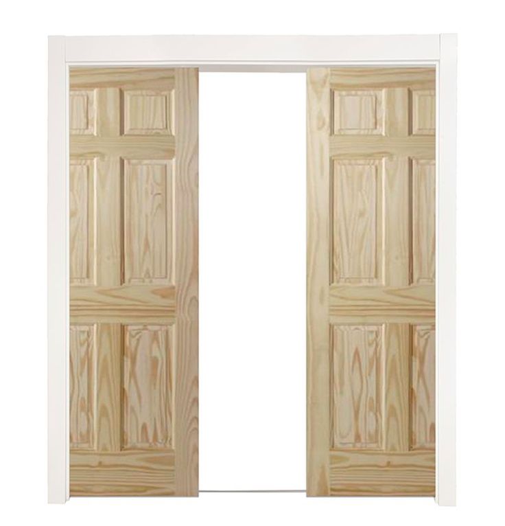 an open door with wooden panels on the side and bottom panel in light wood, isolated against a white background