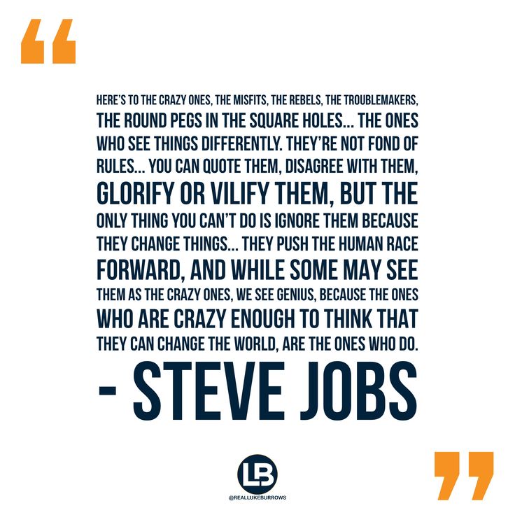 steve jobs quote with orange and blue background in the center, there are two words that describe