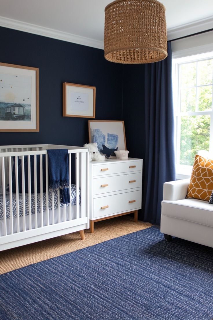 a baby's room with blue walls and white furniture