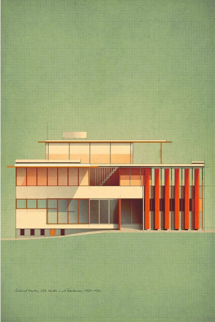 an architectural drawing of a building with orange and white stripes on the outside, against a green background