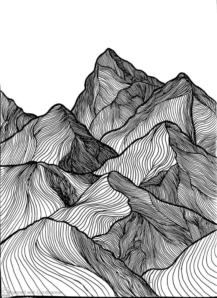 a black and white drawing of mountains