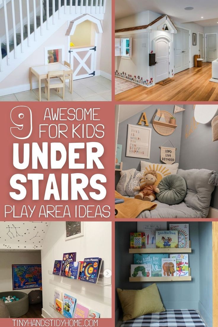 A collage of images showing under the stairs playhouse ideas for kids. The text over the image reads, "9 awesome for kids under the stairs play area ideas". Understairs Kids Space, Understairs Ideas Kids, Stair Playhouse, Playroom Ideas For Older Kids, Under Stairs Play Area, Playhouse Under The Stairs, Under The Stairs Playroom, Under Basement Stairs, Girls Playroom Ideas