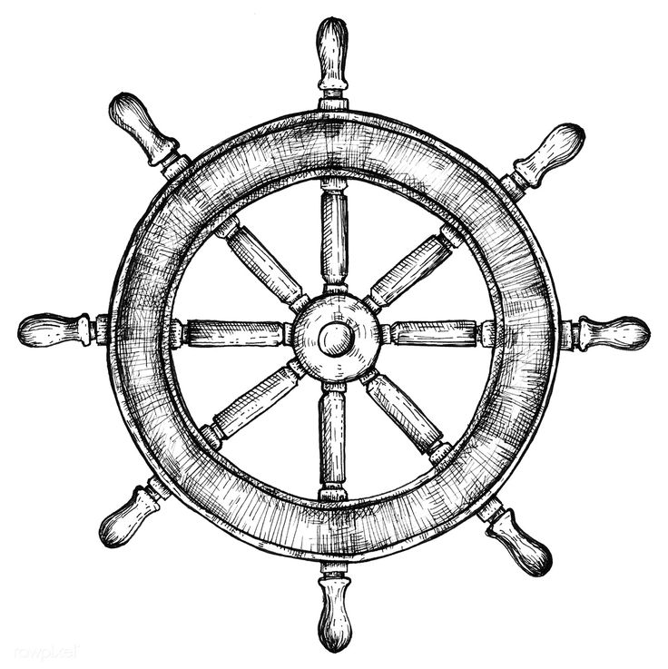 a drawing of a ship's steering wheel with four spokes and two paddles